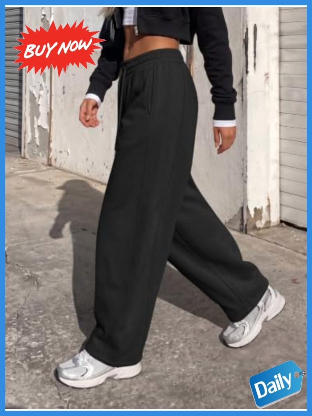 Fleece-Lined Barrel Wide Leg Sweatpants Low Rise Pull On Pockets - Picture 2 of 5